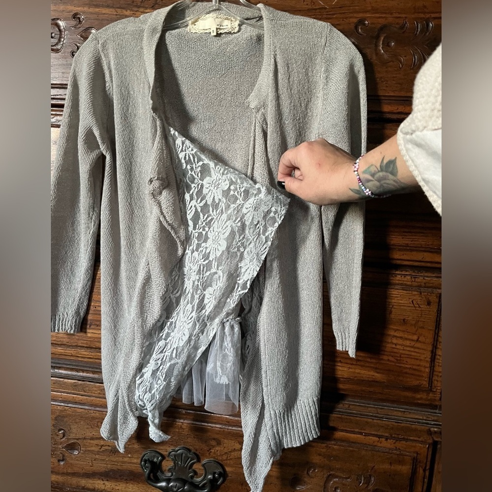 A'Reve Light Gray Ruffle and Lace Cardigan - Picture 3 of 9